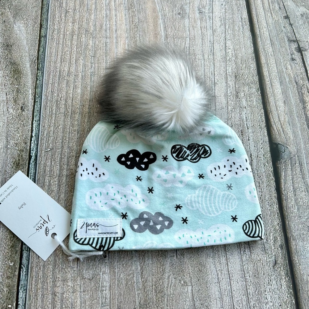 Small 🇨🇦 Shop Handcrafted Baby 0-12mth Size Pom Pom Hat Beanie, Mint Gray Clouds